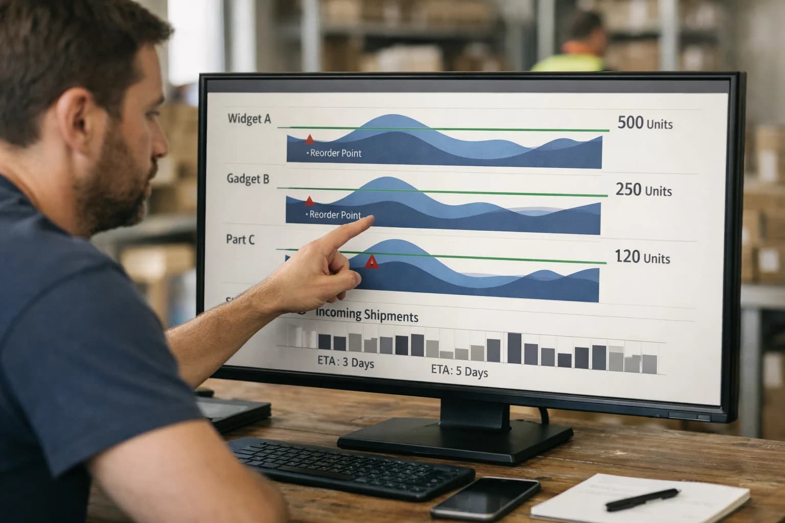 Operations manager reviewing inventory AI on tablet, stock levels and reorder dashboards visible, warehouse office setup.