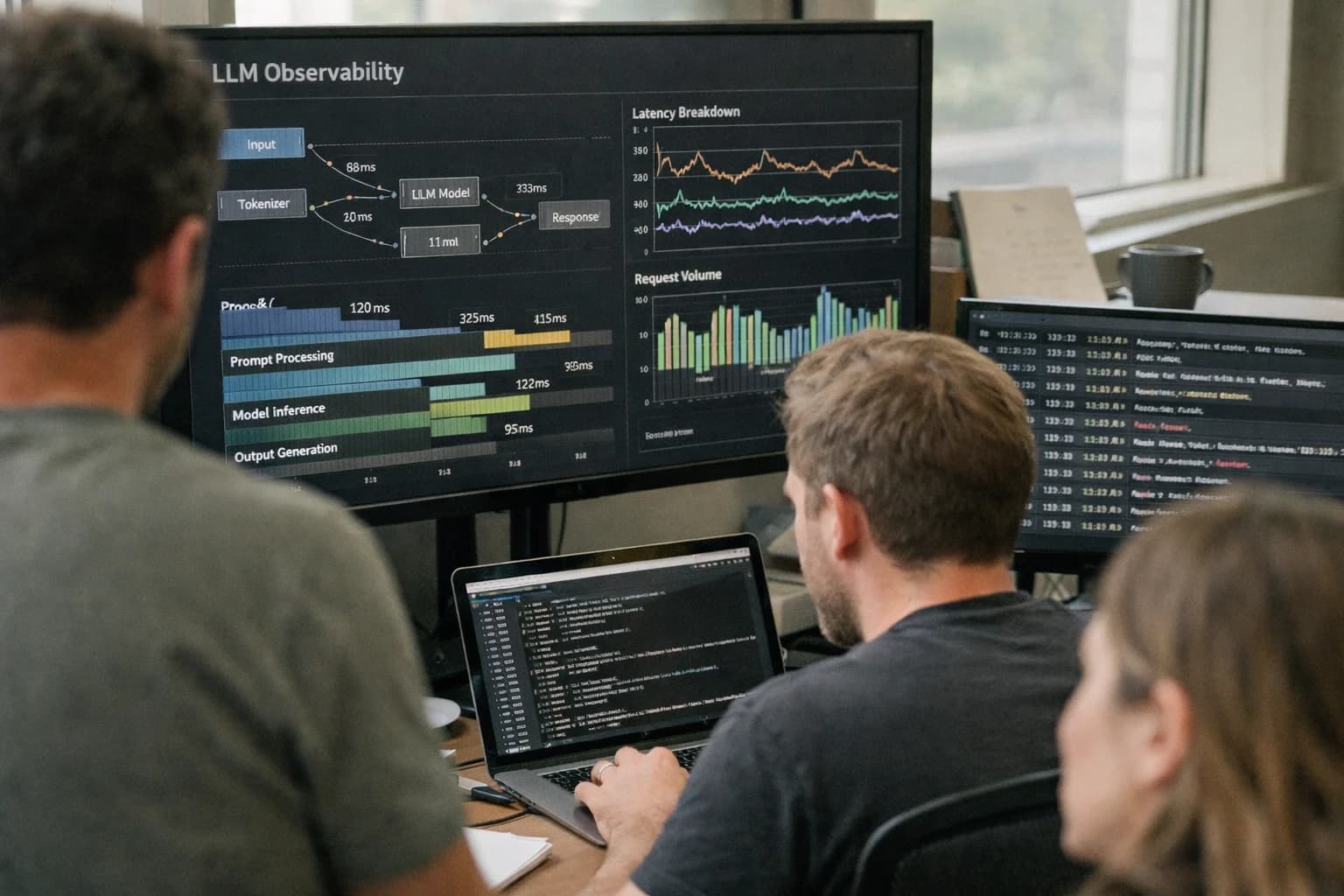 SRE reviewing LLM observability dashboard on multiple screens, tracing and metrics visible, dark mode monitoring setup.
