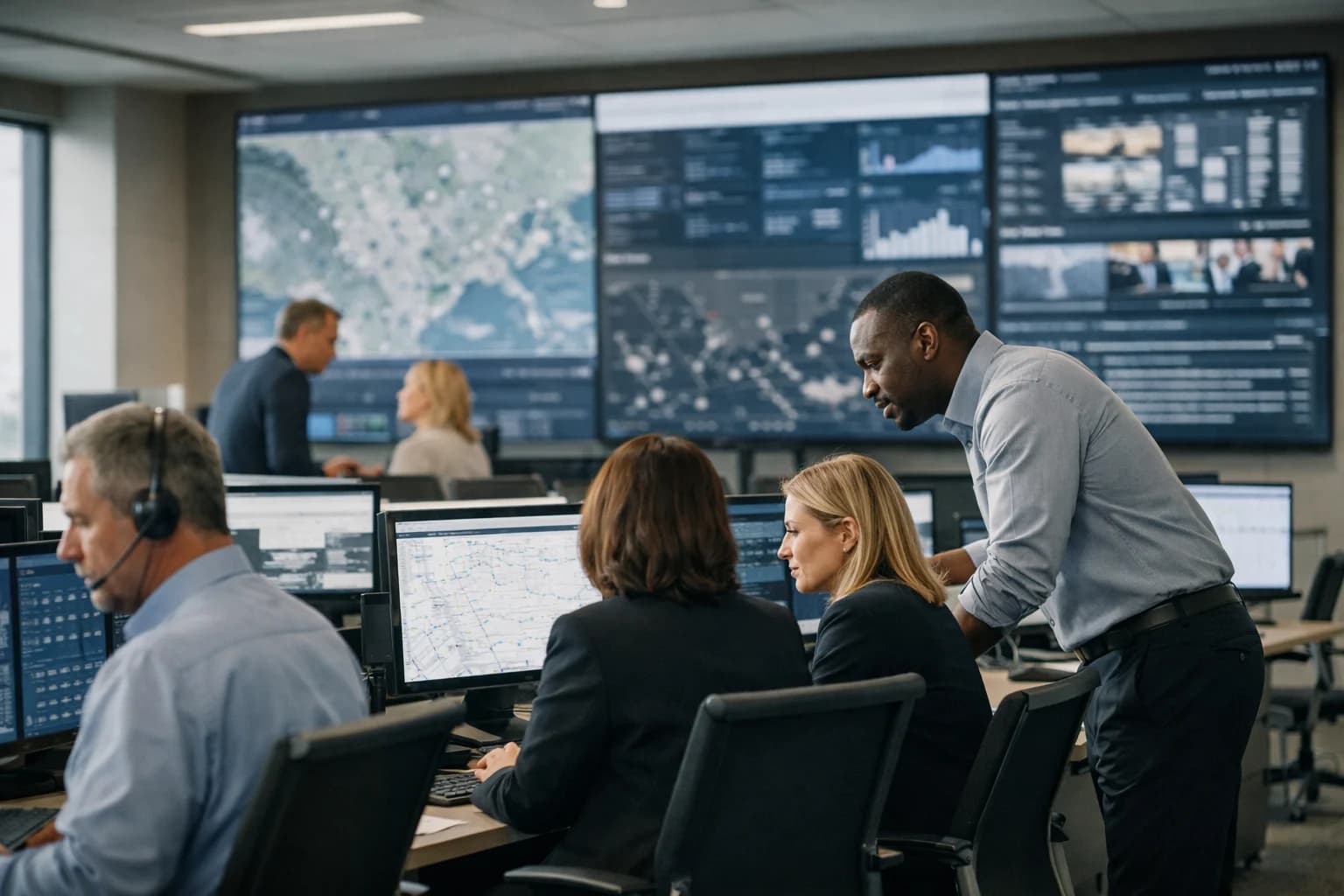 Command center environment coordinating high-volume workflows across multiple systems.