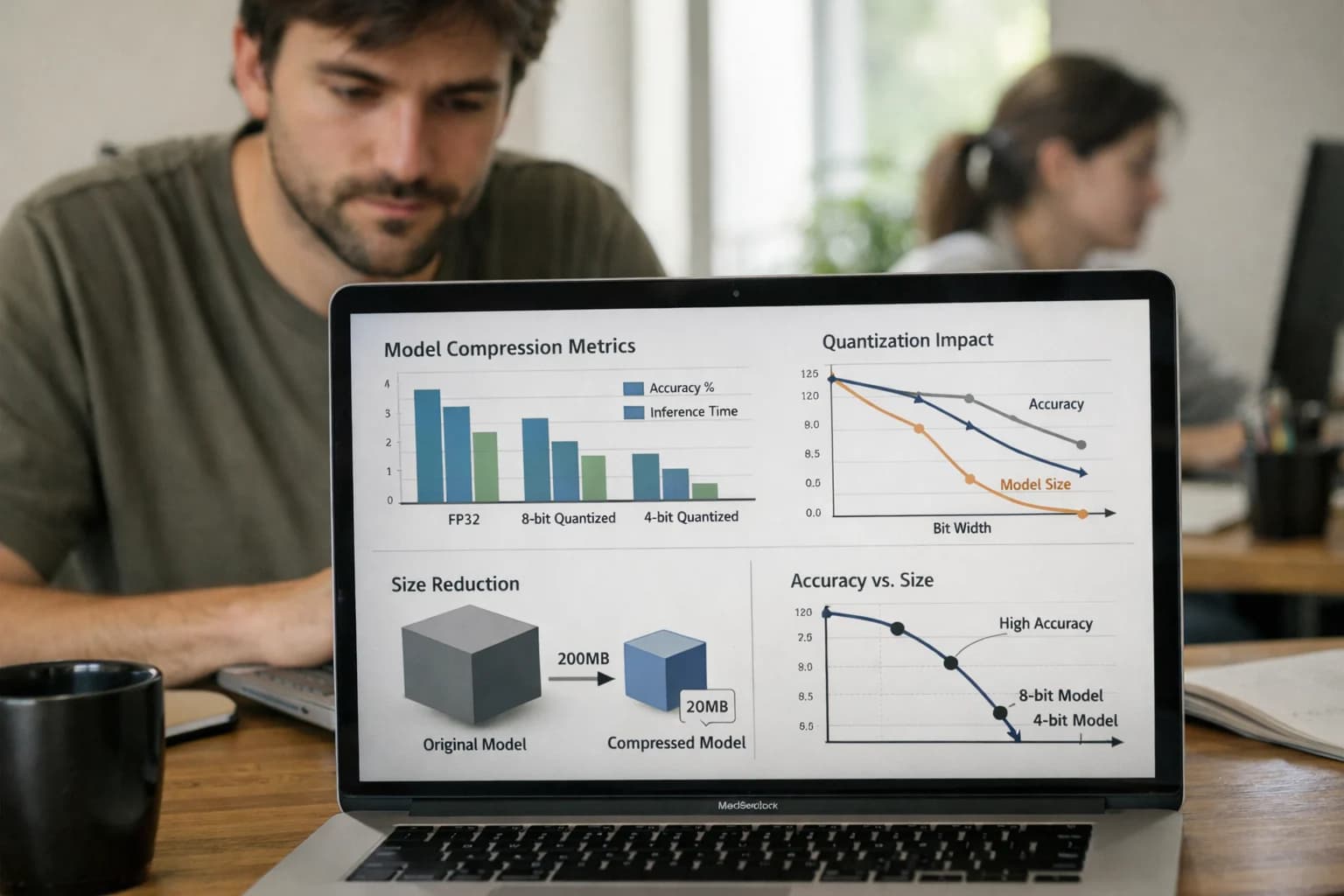 ML engineer working on model compression and quantization, laptop showing performance benchmarks, technical workspace.