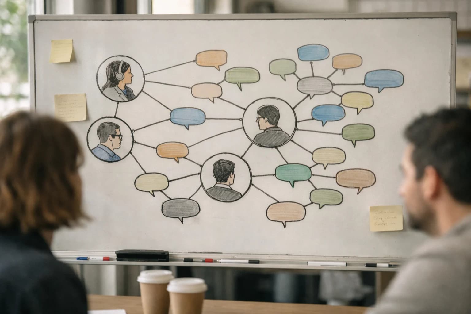 Developer reviewing multi-agent chat interface on laptop, agent conversation logs visible, casual coding session at WeWork desk.