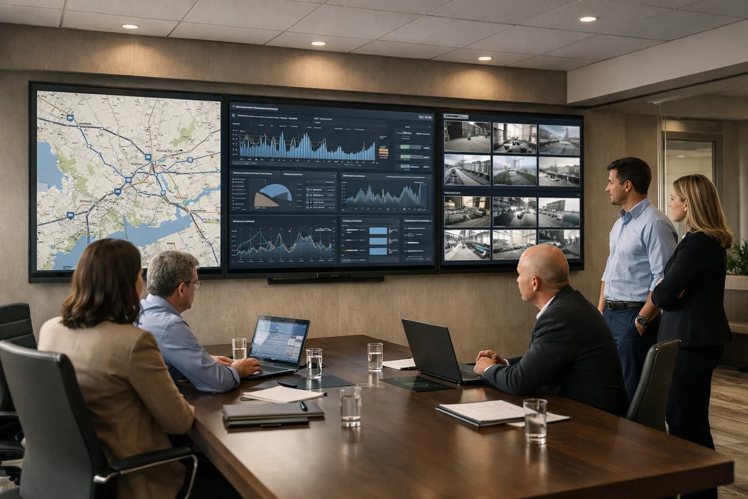 Decision room with multiple displays for evaluation, routing, and operational oversight.