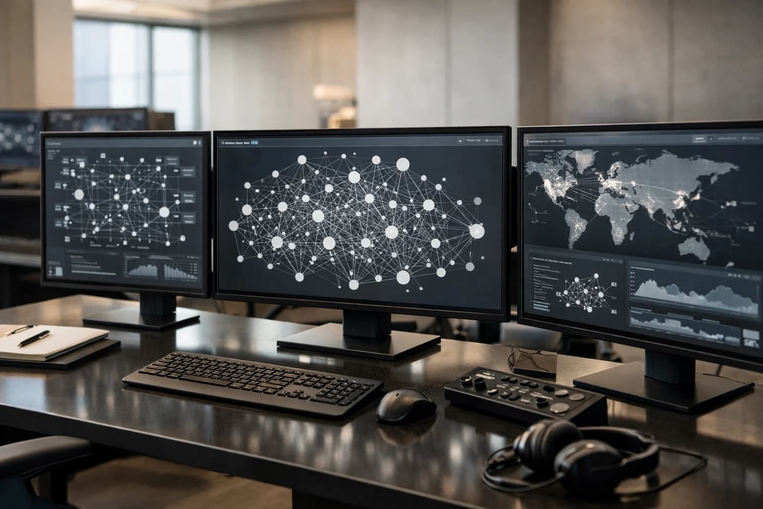 Enterprise console with connected nodes and monitoring panels for orchestrated systems.