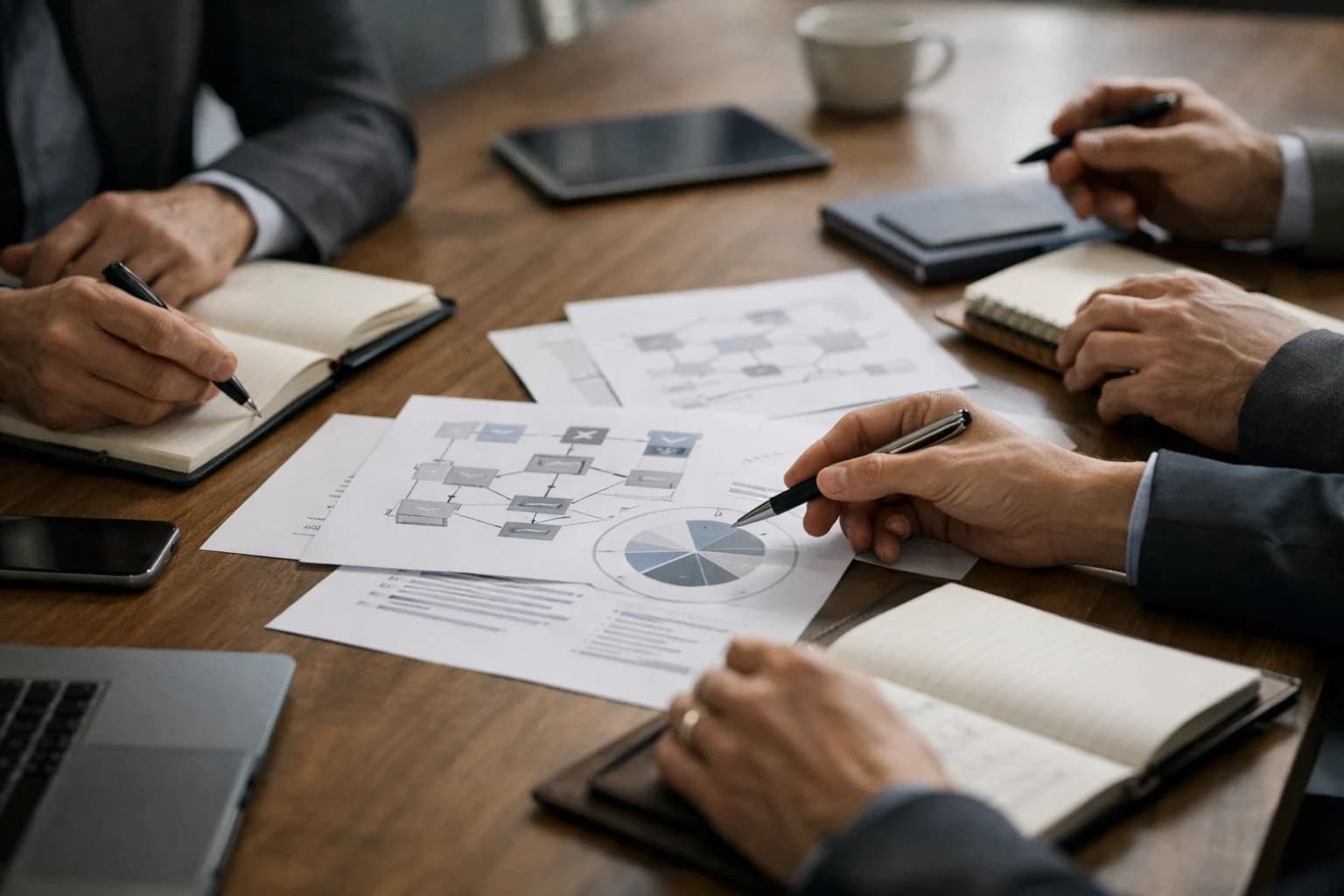 Close-up planning session with documents, notebooks, and hands mapping system flow.