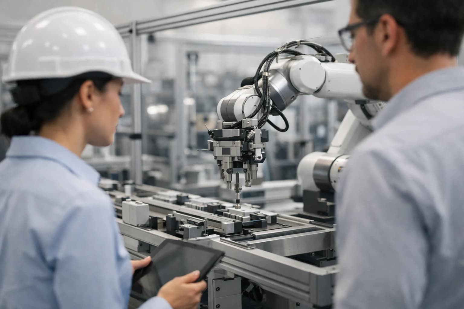 Engineers overseeing intelligent automation equipment in a clean production environment.