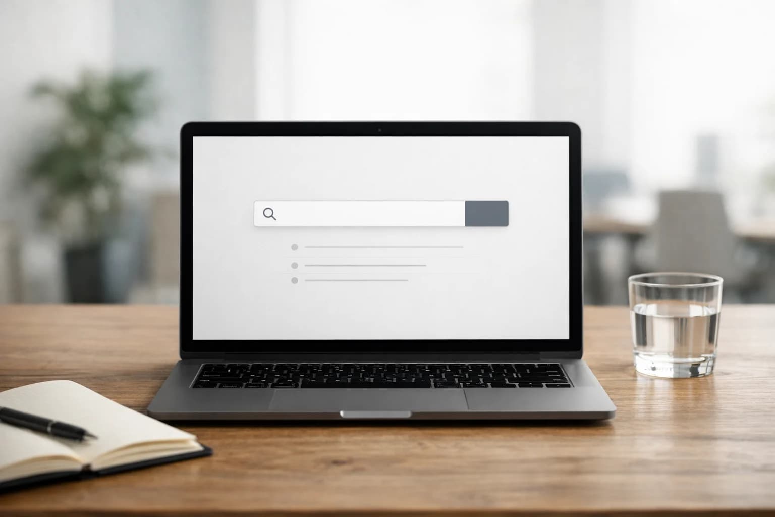 Laptop on a wooden table showing an enterprise search interface in a bright office.