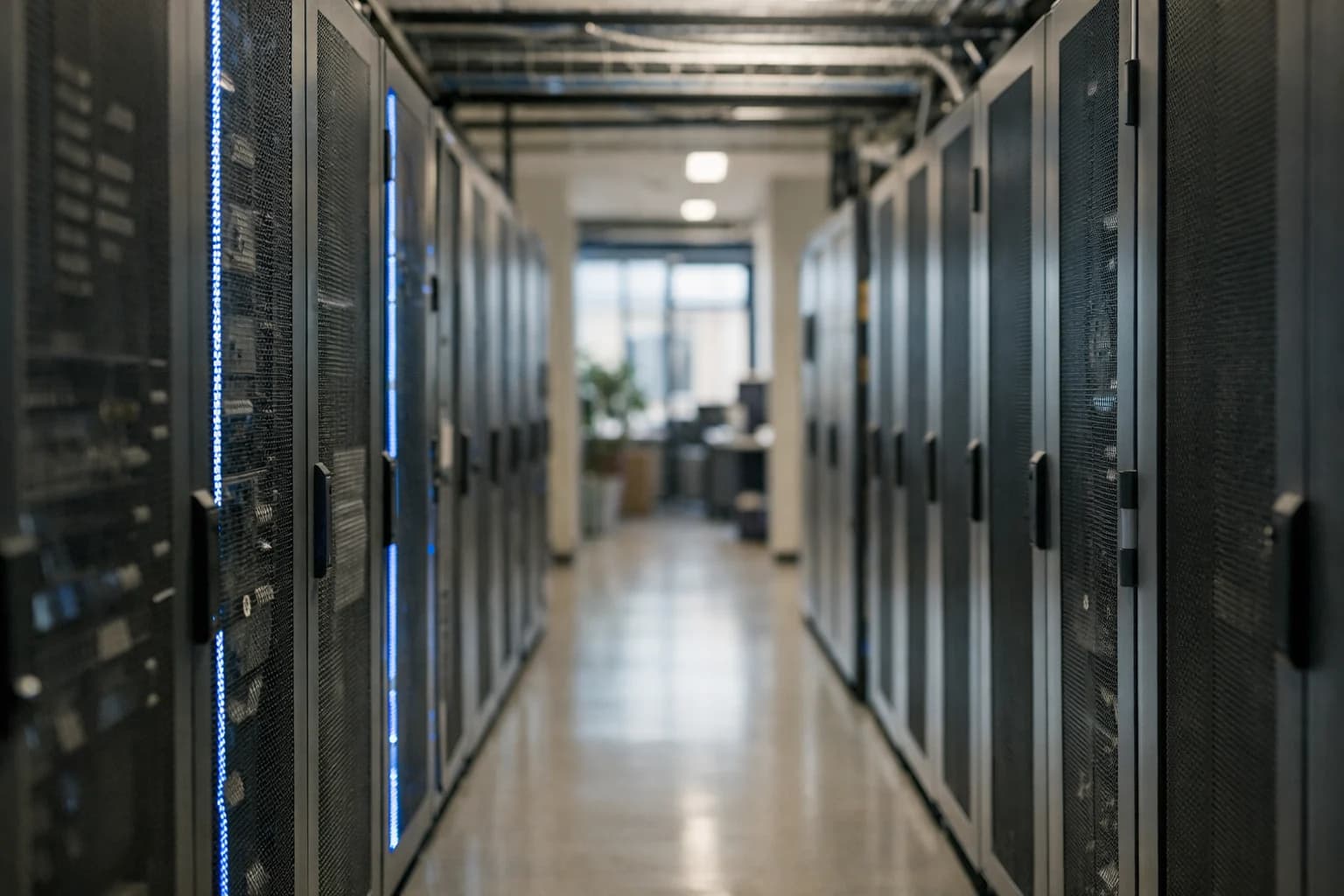 Modern secure data center corridor with blue accent lighting, no people, architectural tech aesthetic, natural iPhone-style.