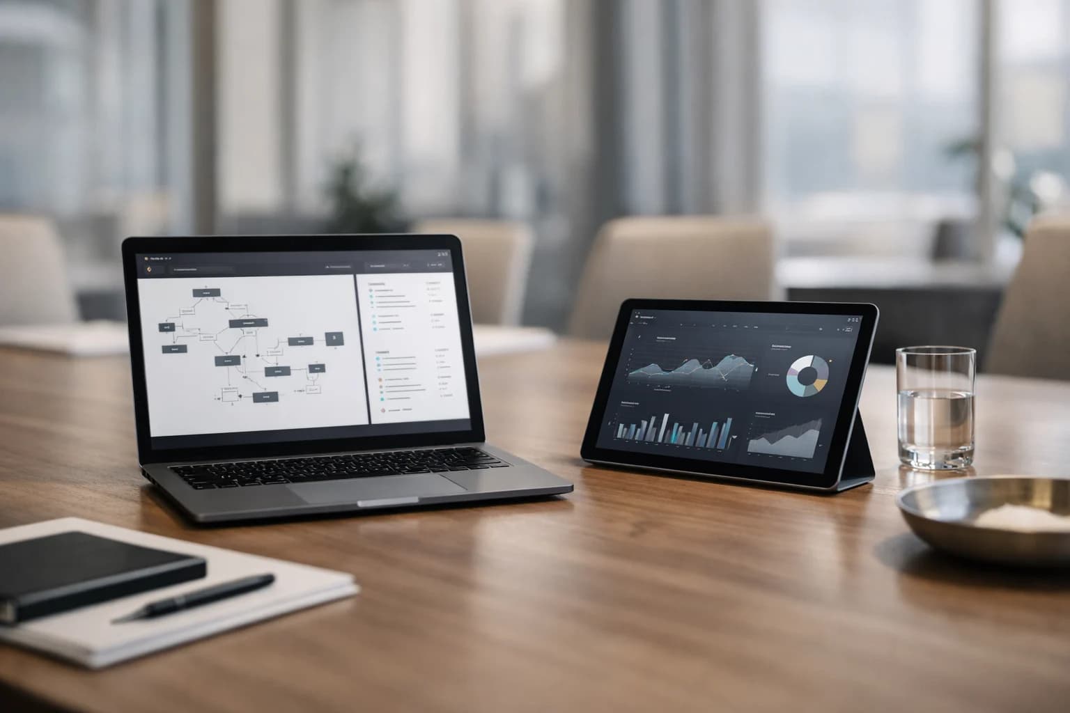 Laptop and tablet displaying AI workflow and metrics interfaces on a conference table.