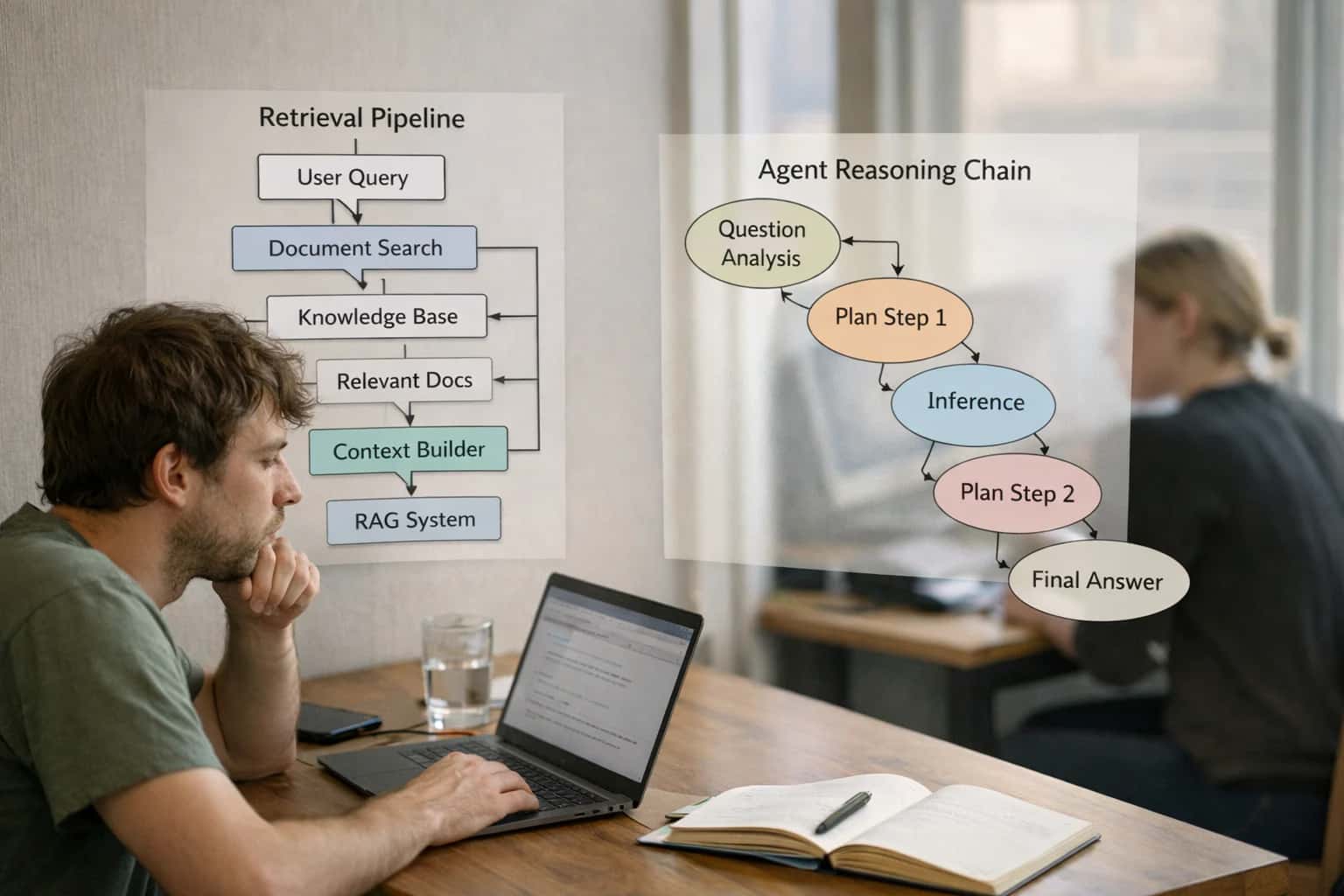 Developer building agentic RAG system, retrieval pipeline diagram on laptop, technical workspace with notes.