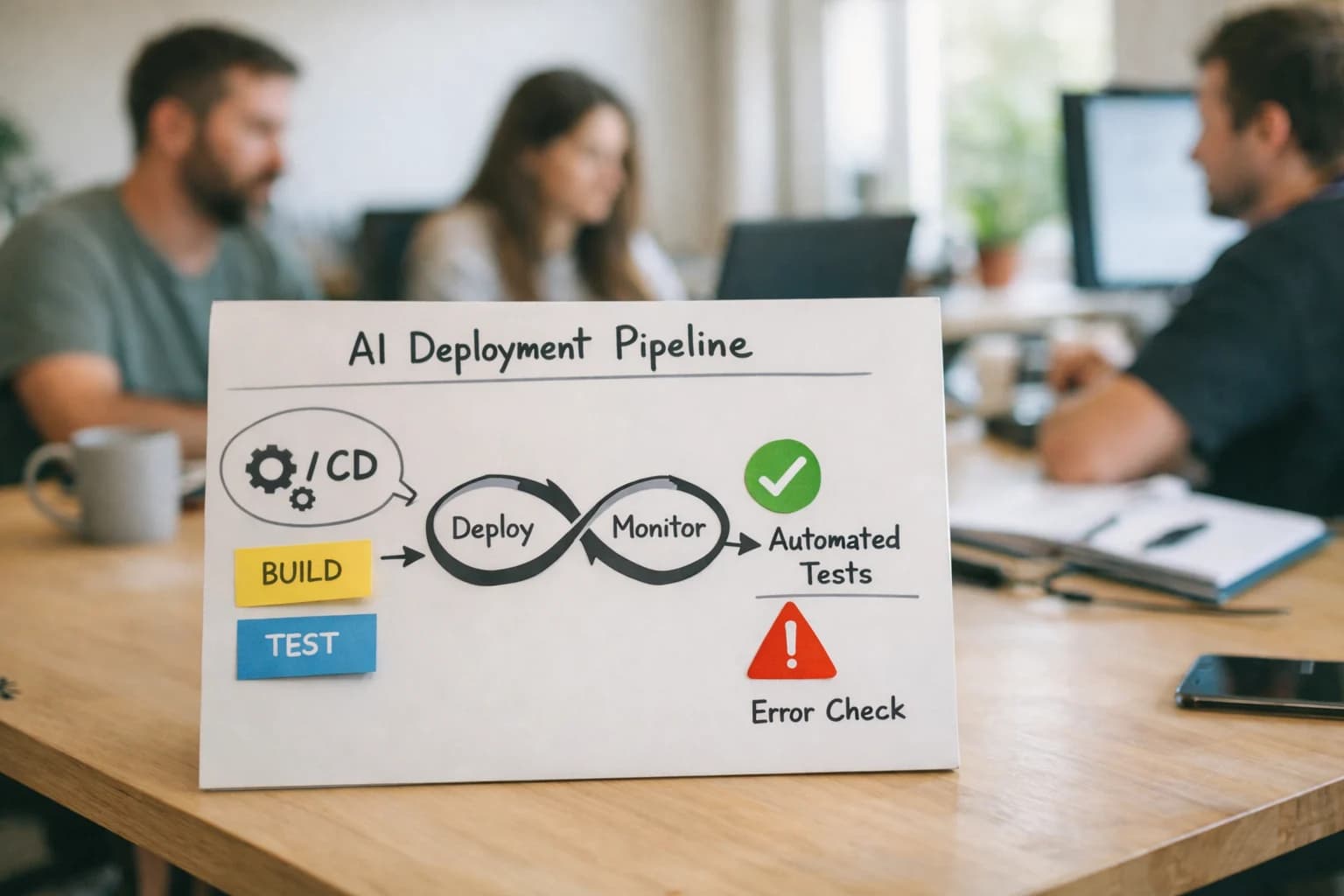 DevOps managing AI deployment pipeline on laptop, CI/CD stages visible, automation-focused workspace.