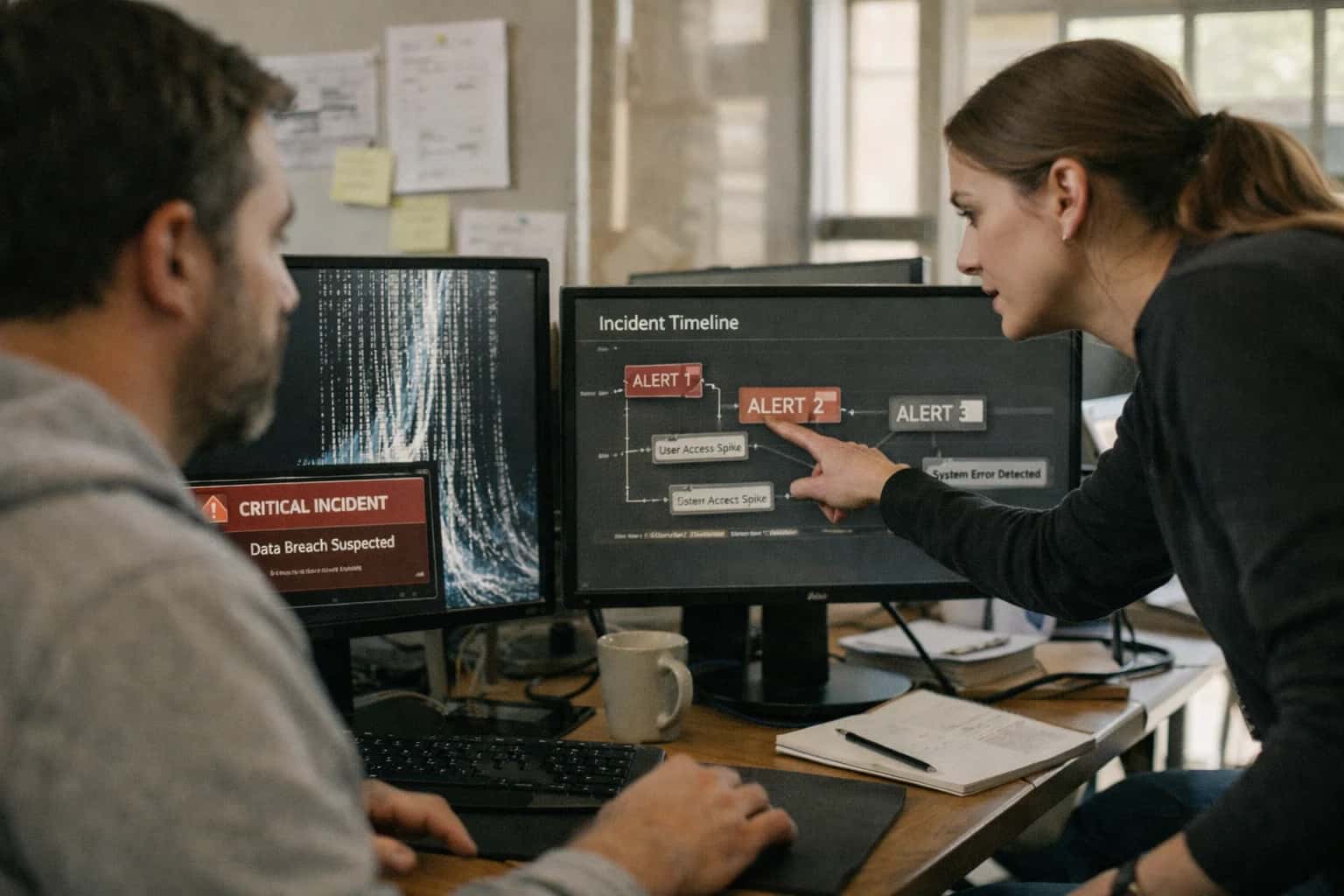 Incident responder handling AI system issue on laptop, logs and alerts visible, late night on-call session.