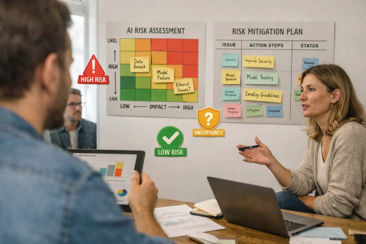 Risk analyst performing AI risk assessment on laptop, risk matrices visible, casual office risk session.