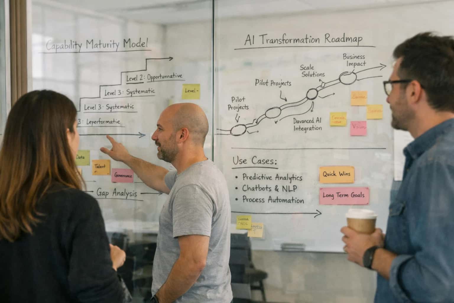 Strategy workshop with sticky notes and AI roadmap diagrams on glass wall, collaborative planning session.