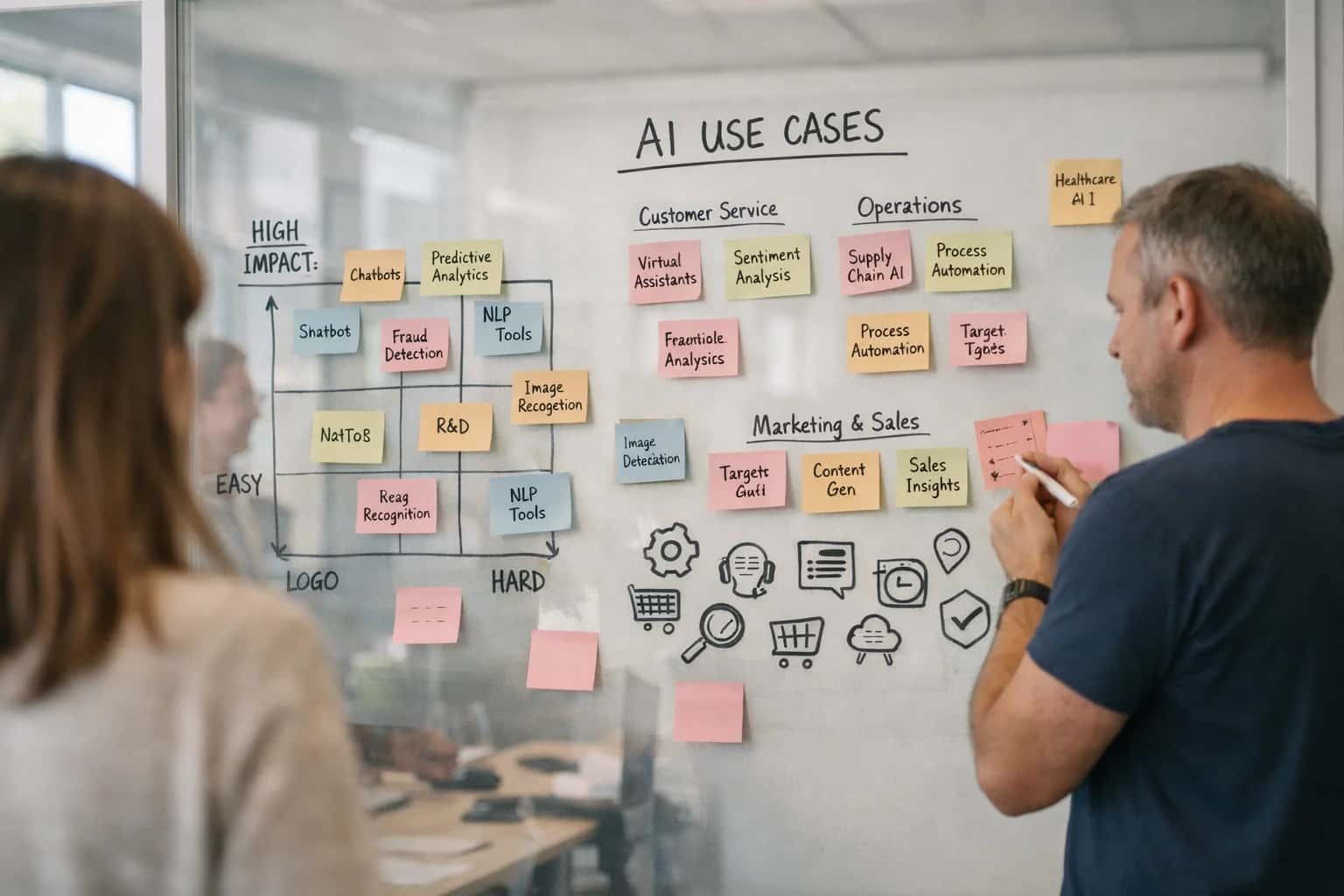 Strategy consultant facilitating AI use case discovery workshop, sticky notes on glass wall, casual corporate meeting.