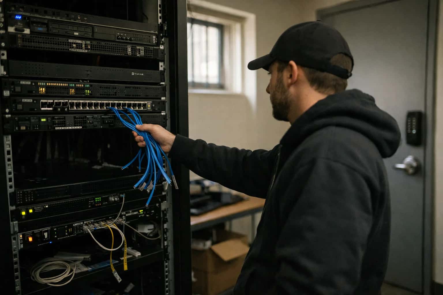 Isolated secure server room with network cables physically disconnected, minimal lighting, security-focused environment.