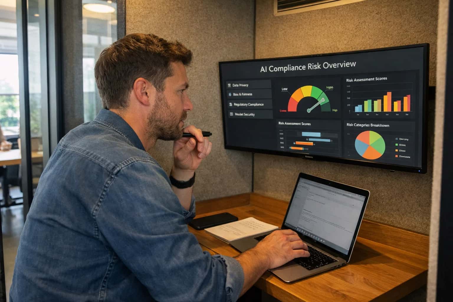 Editorial-style shot inside a modern WeWork phone booth, entrepreneur reviewing AI compliance risk metrics on a hanging ultrawide monitor, warm accent lighting.