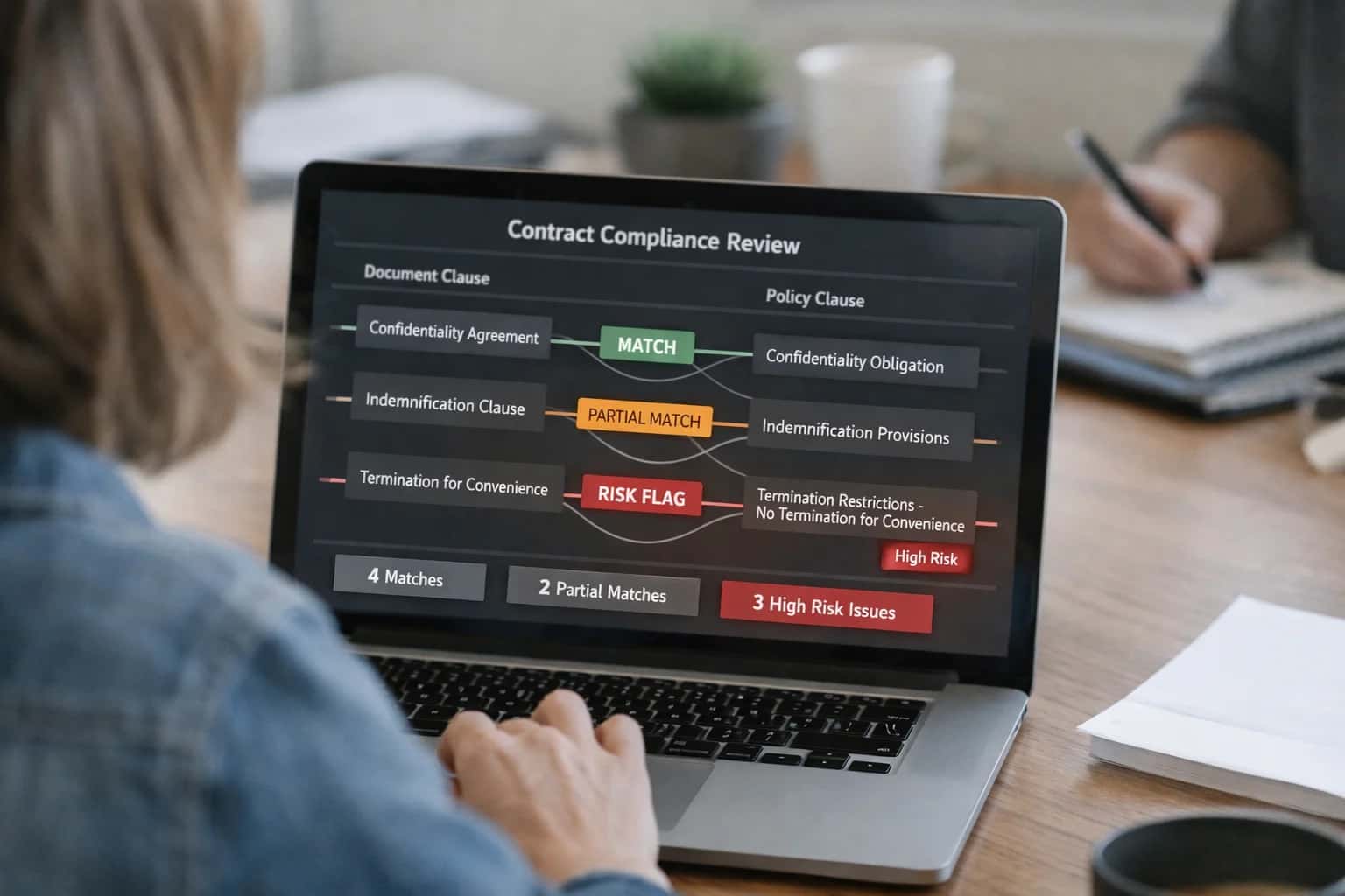 Legal team reviewing AI contract compliance agent on laptop, contract documents visible, modern WeWork meeting room.