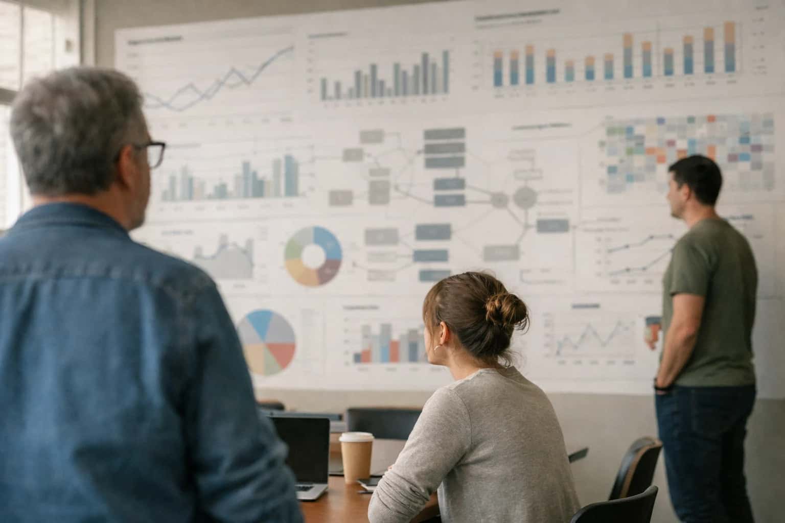 Large-scale analytics wall displaying performance trends and system relationships.
