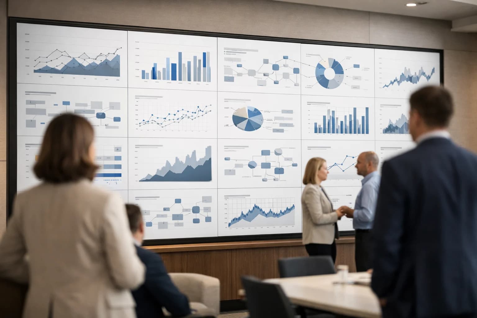 Large-scale analytics wall displaying performance trends and system relationships.