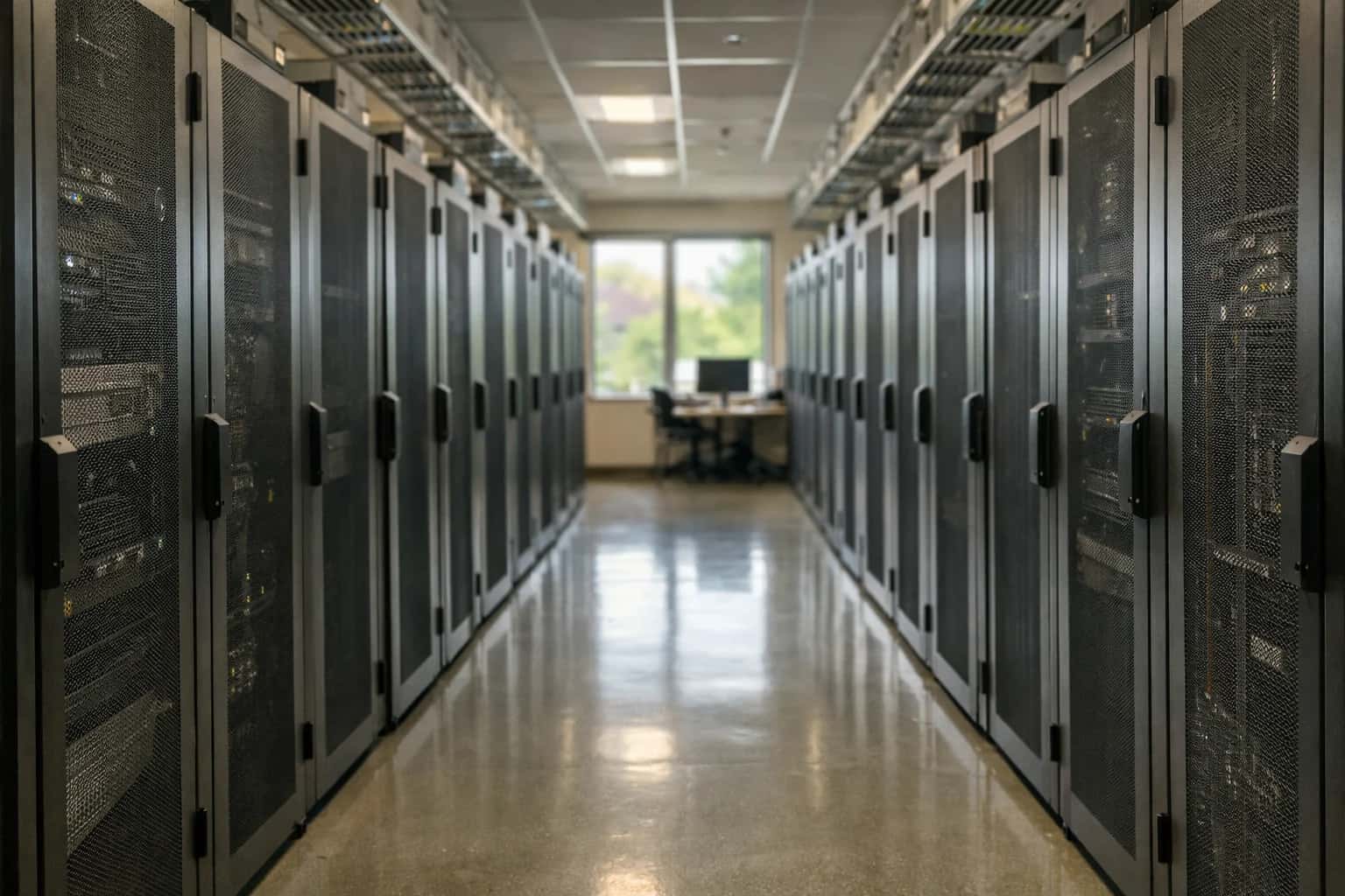 Premium data center corridor with server racks and warm architectural lighting.