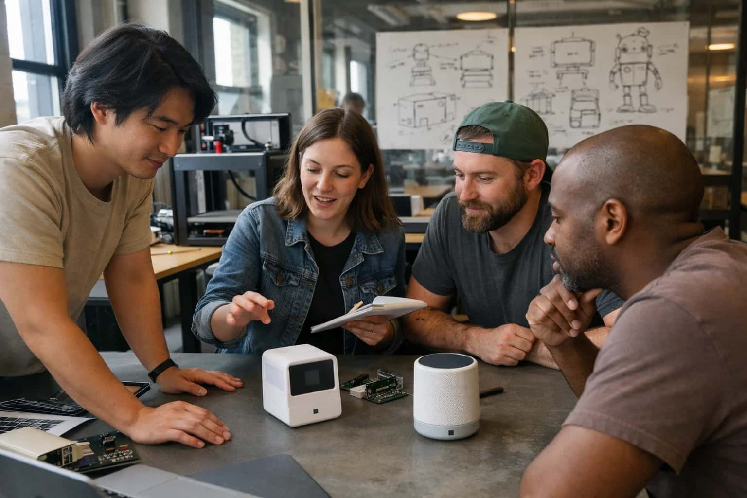 Modern WeWork hardware lab area with product team collaborating around AI device prototypes, 3D printer in background, dramatic industrial lighting with product sketches on glass walls.