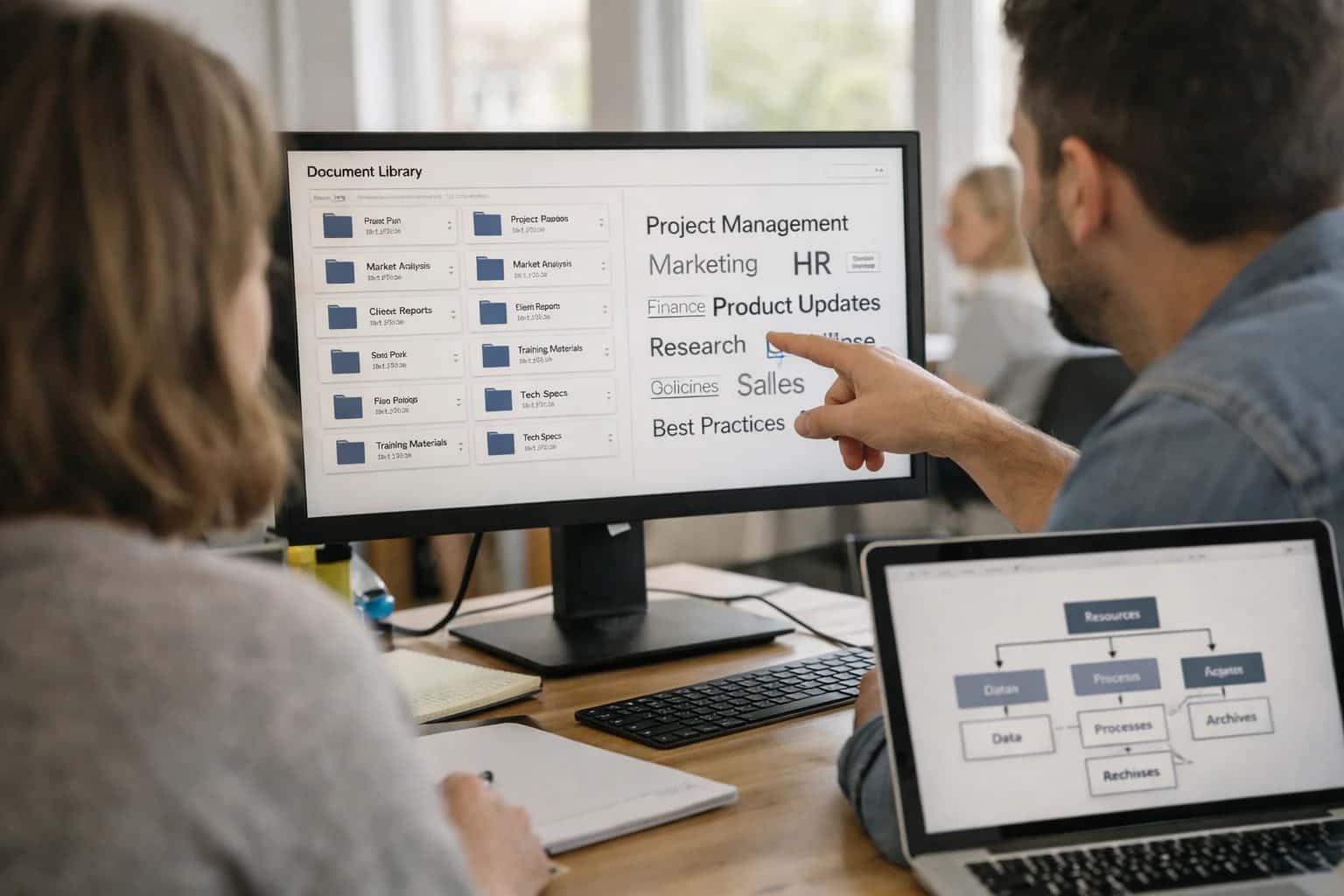 Knowledge manager reviewing enterprise knowledge management system on laptop, document library visible, casual office.