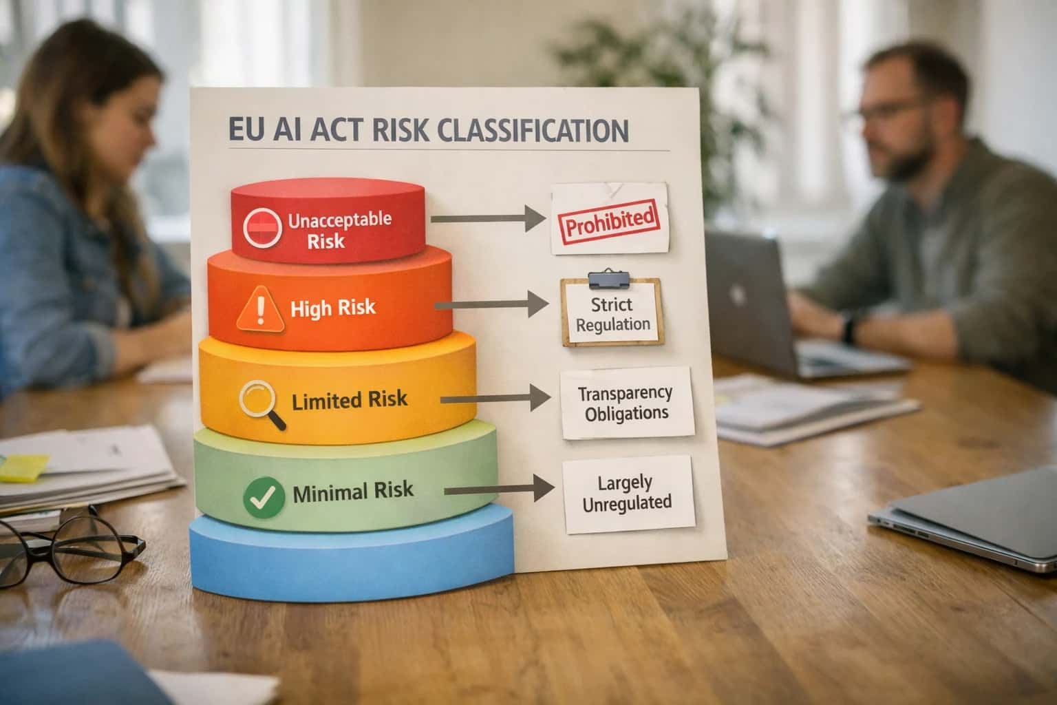 Legal team reviewing EU AI Act compliance documents on laptop in modern office, coffee cups and papers on table, casual meeting.