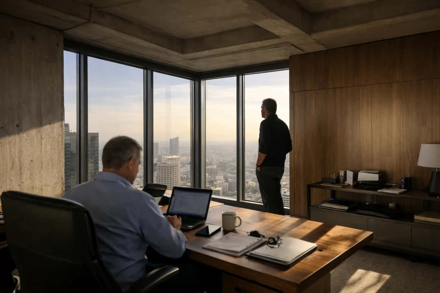 Dramatic architectural shot of a corner executive office in a modernist glass tower, concrete and wood finishes, late afternoon sun creating dramatic shadows, premium enterprise atmosphere.