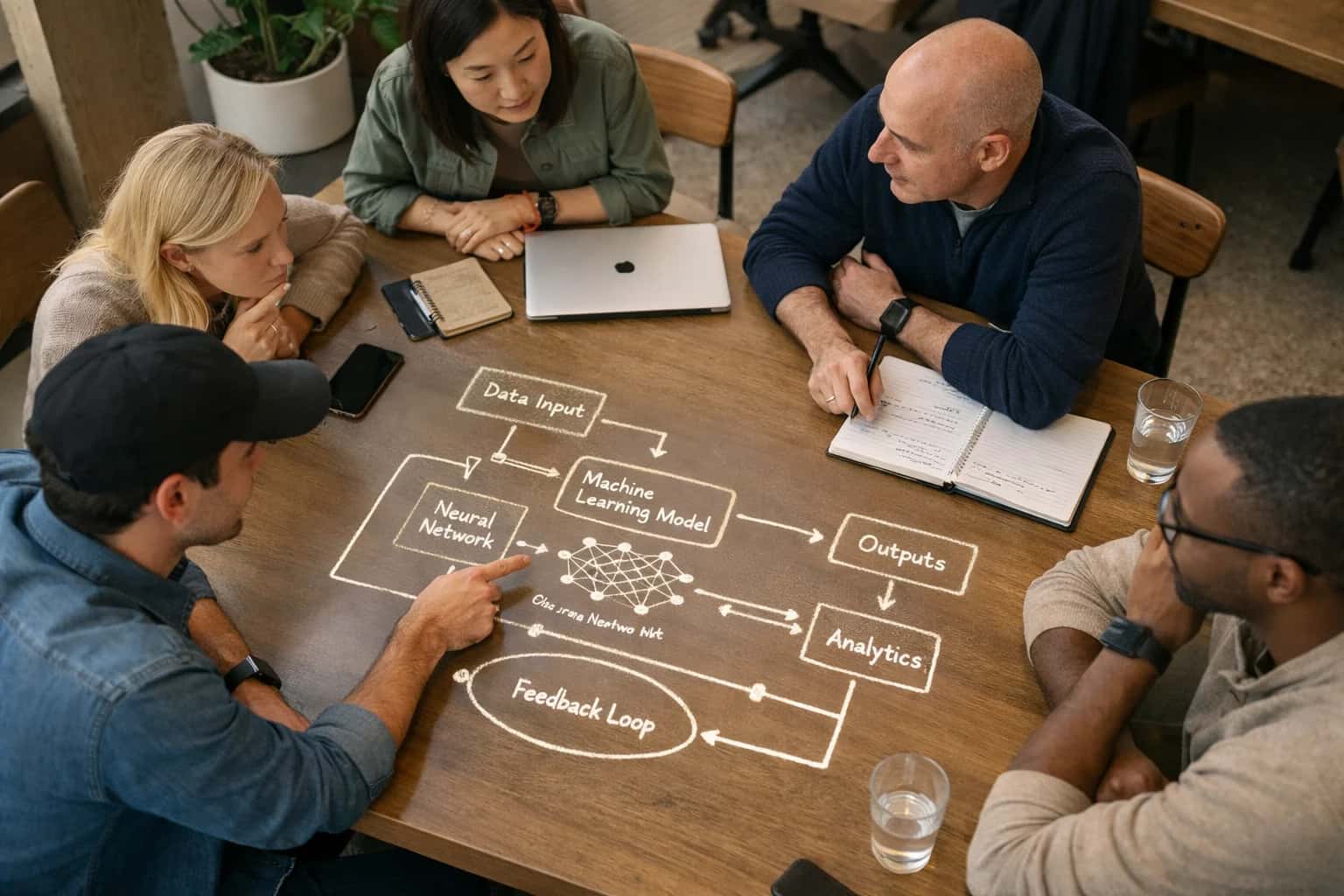 Overhead shot of a beautifully lit strategy meeting in a modern WeWork hot desk area, designers and executives gathered around a live AI system diagram projected on smart table surface.