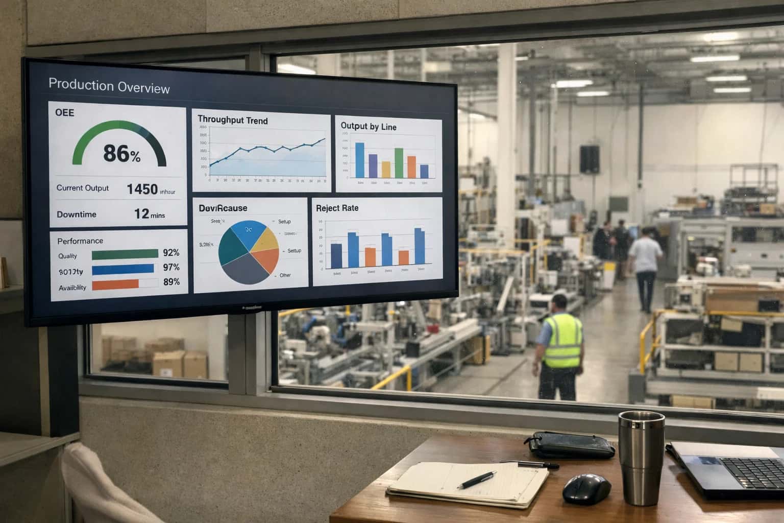 Industrial operations setting with digital oversight and performance displays.