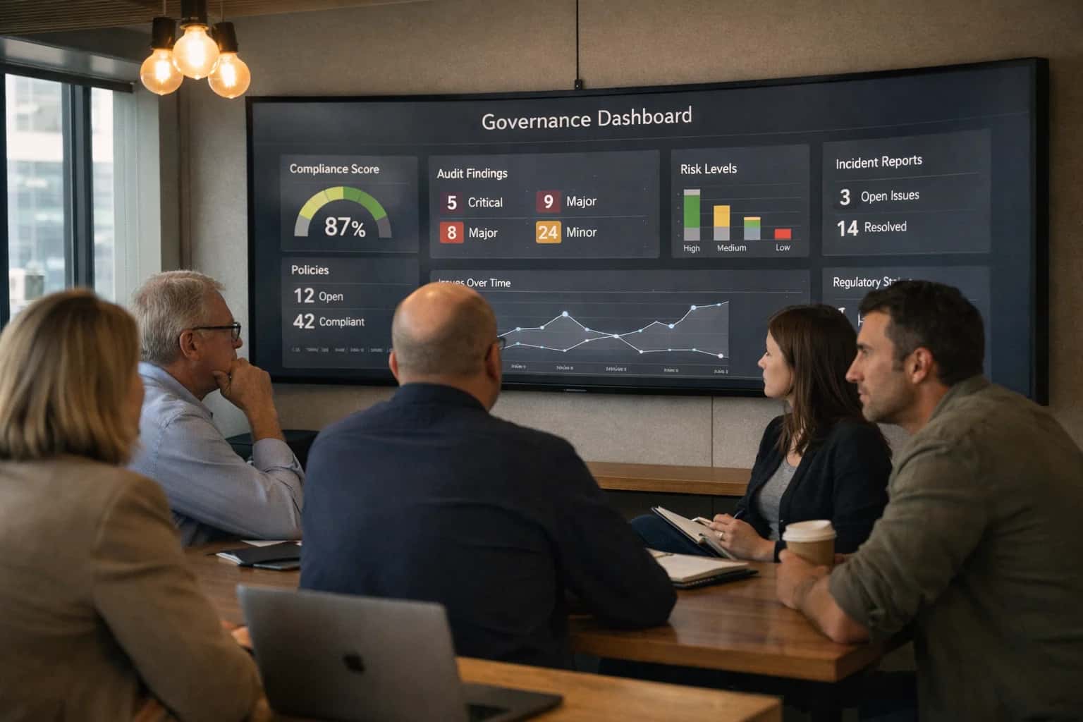 Moody editorial shot of executives in a WeWork-style conference room, ambient pendant lights overhead, reviewing a glowing governance dashboard on a curved display wall.