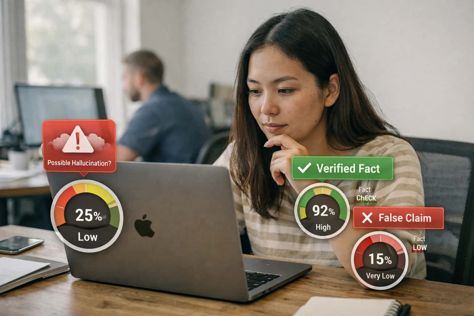 ML engineer detecting AI hallucinations on laptop, fact-checking interface visible, technical debugging moment.