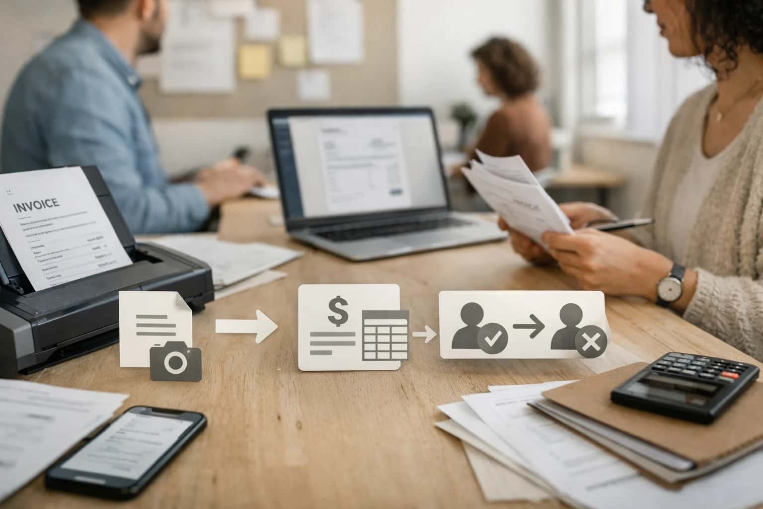 Finance team reviewing invoice processing automation on laptop, spreadsheets and workflow diagrams visible, casual office moment.