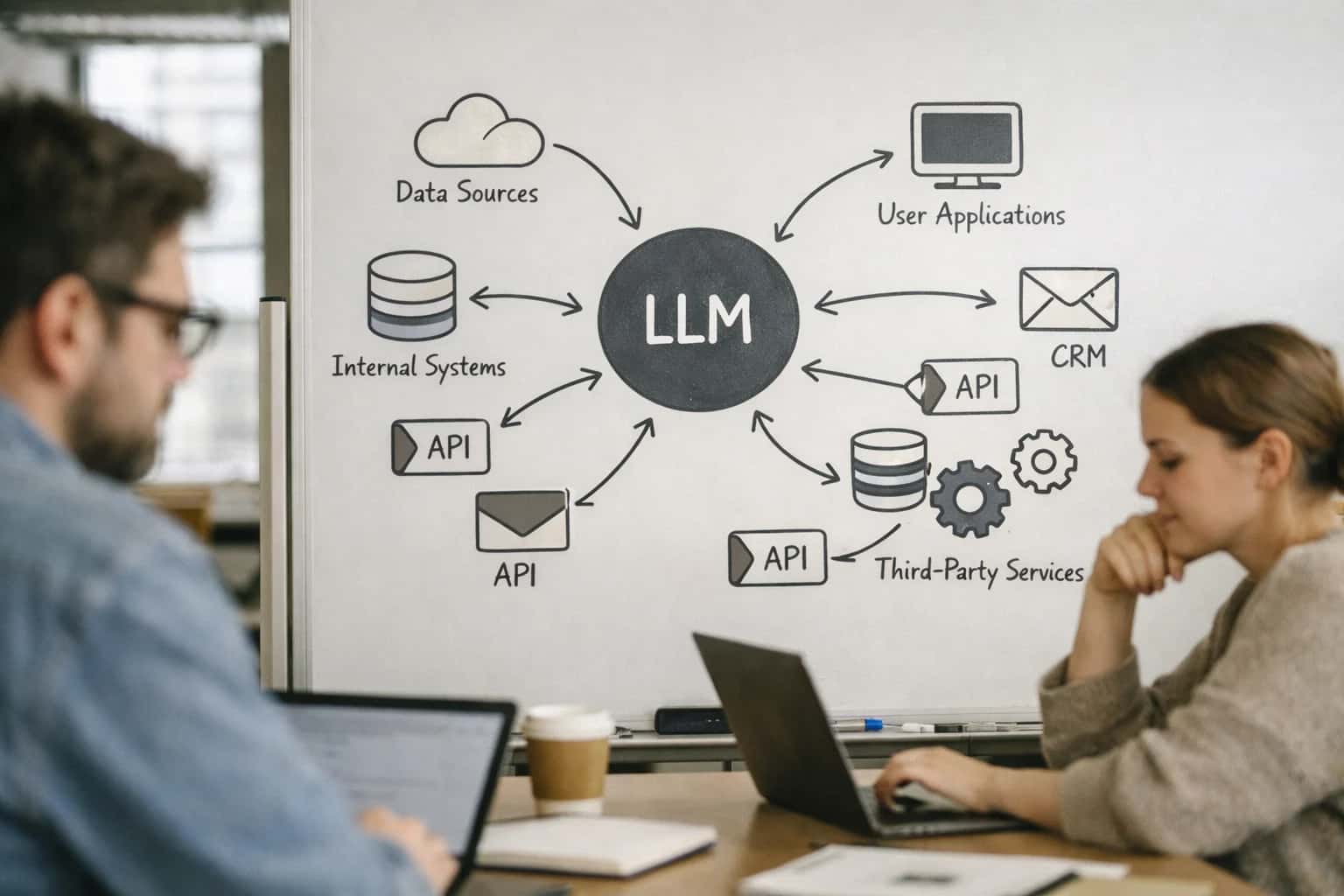 Architect reviewing LLM integration architecture on laptop, system diagrams visible, modern technical office setup.