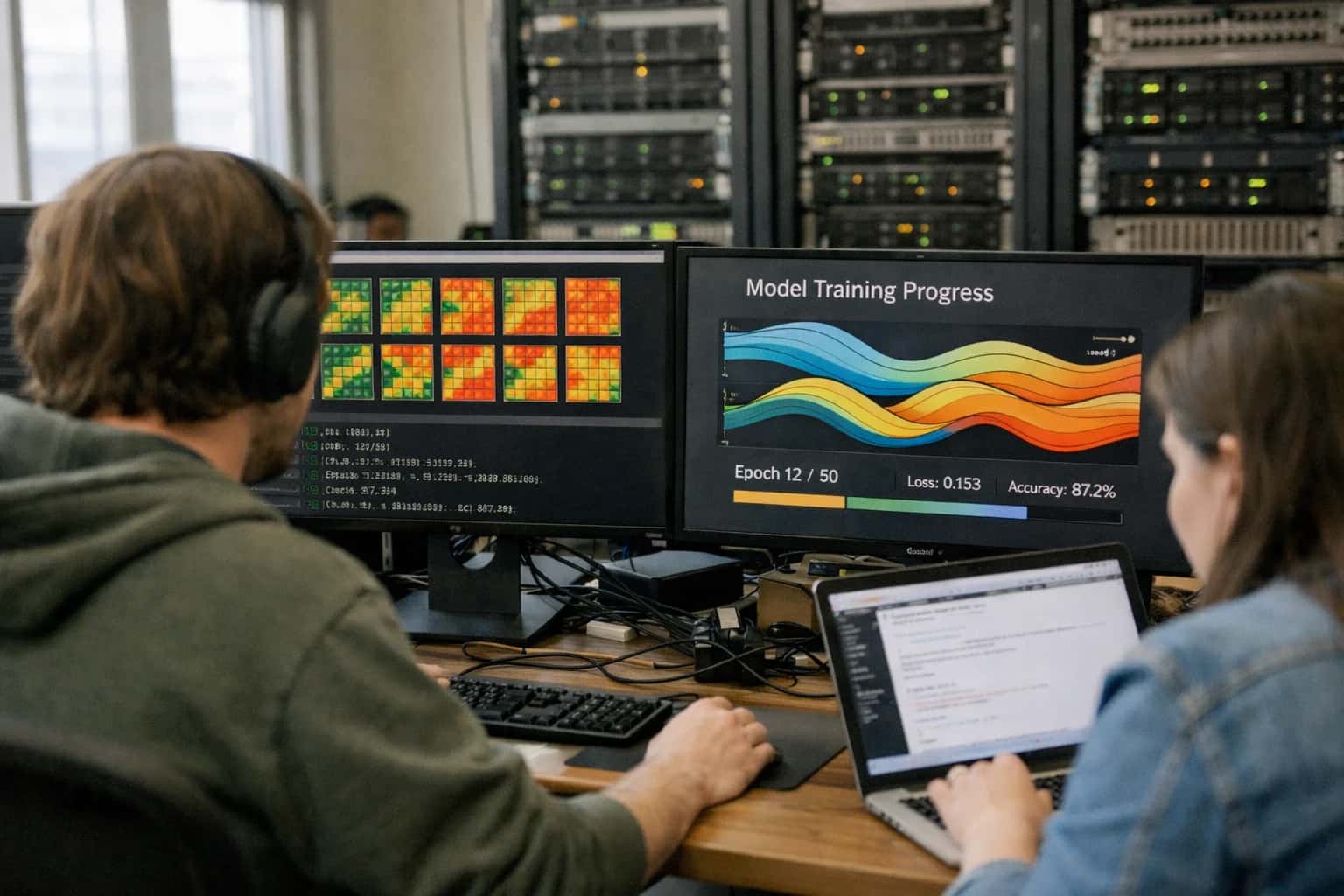 ML engineer managing model training cluster on laptop, GPU utilization visible, technical deep learning setup.