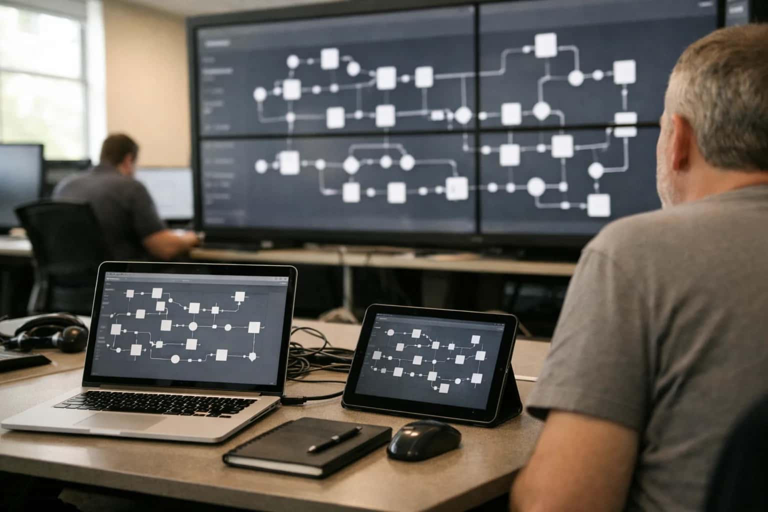 Control room desk with laptops and a large orchestration network display.