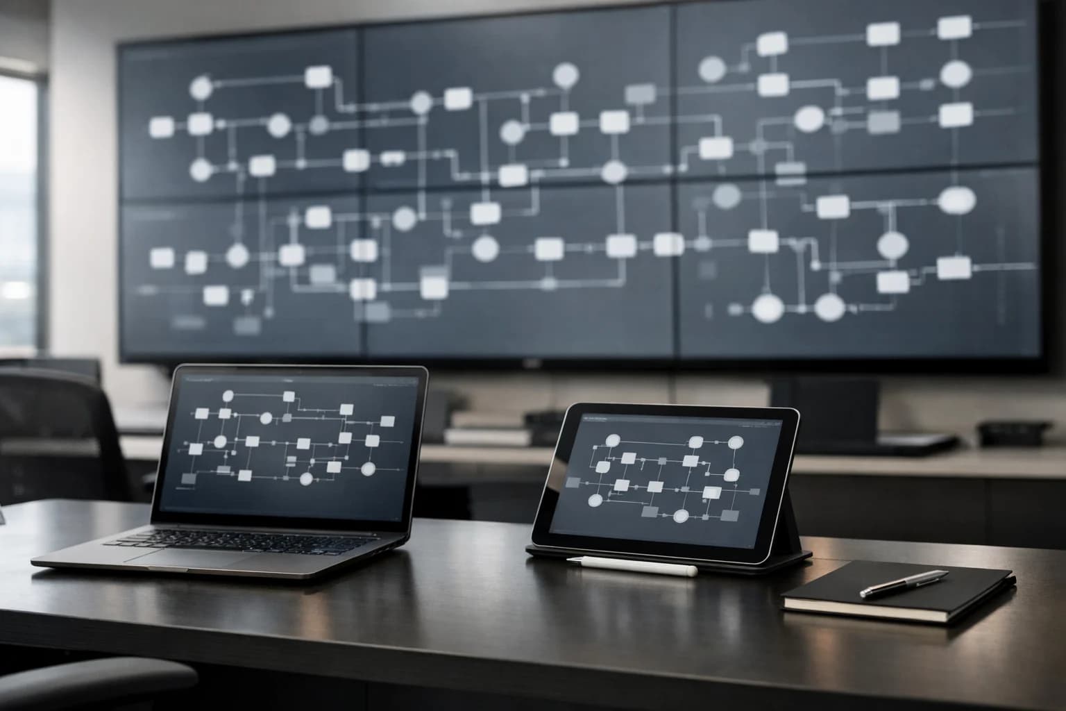 Control room desk with laptops and a large orchestration network display.