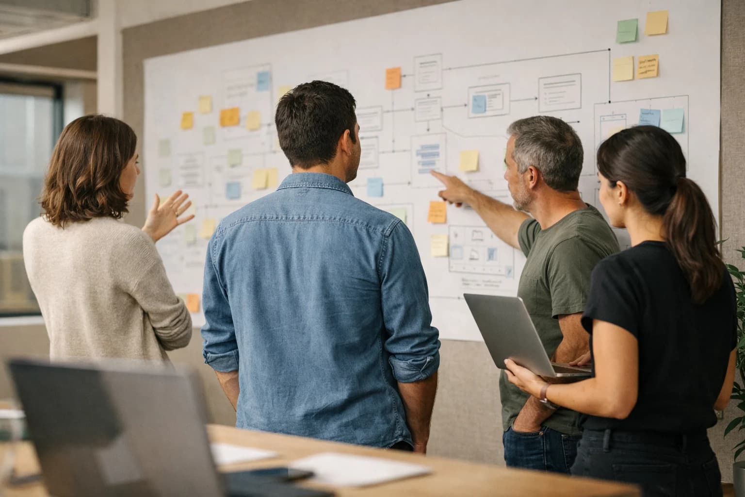 Product and engineering team shaping an AI system design around a planning wall.