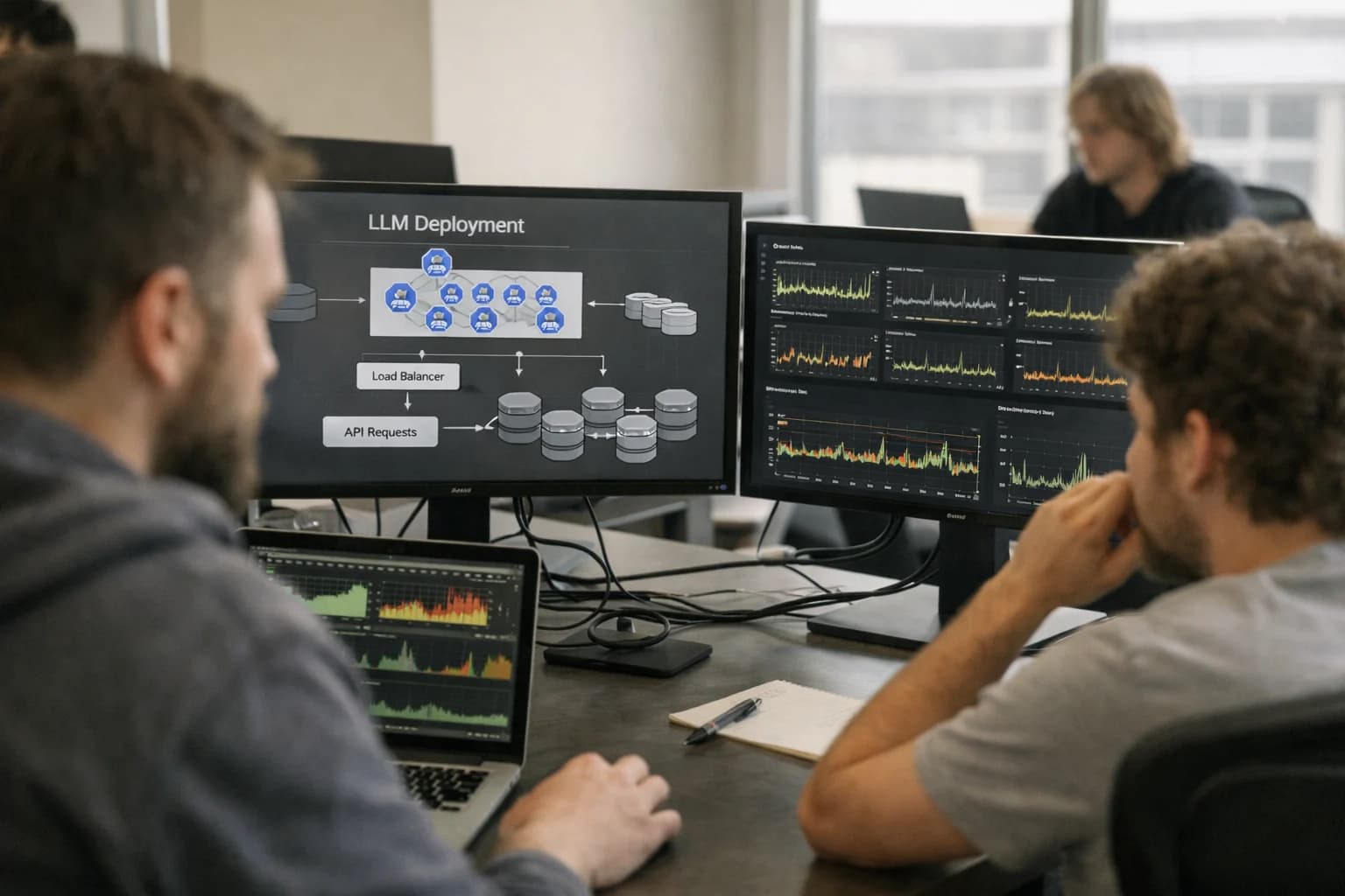 DevOps engineer deploying LLM to production on laptop, Kubernetes dashboards visible, late night deployment session.