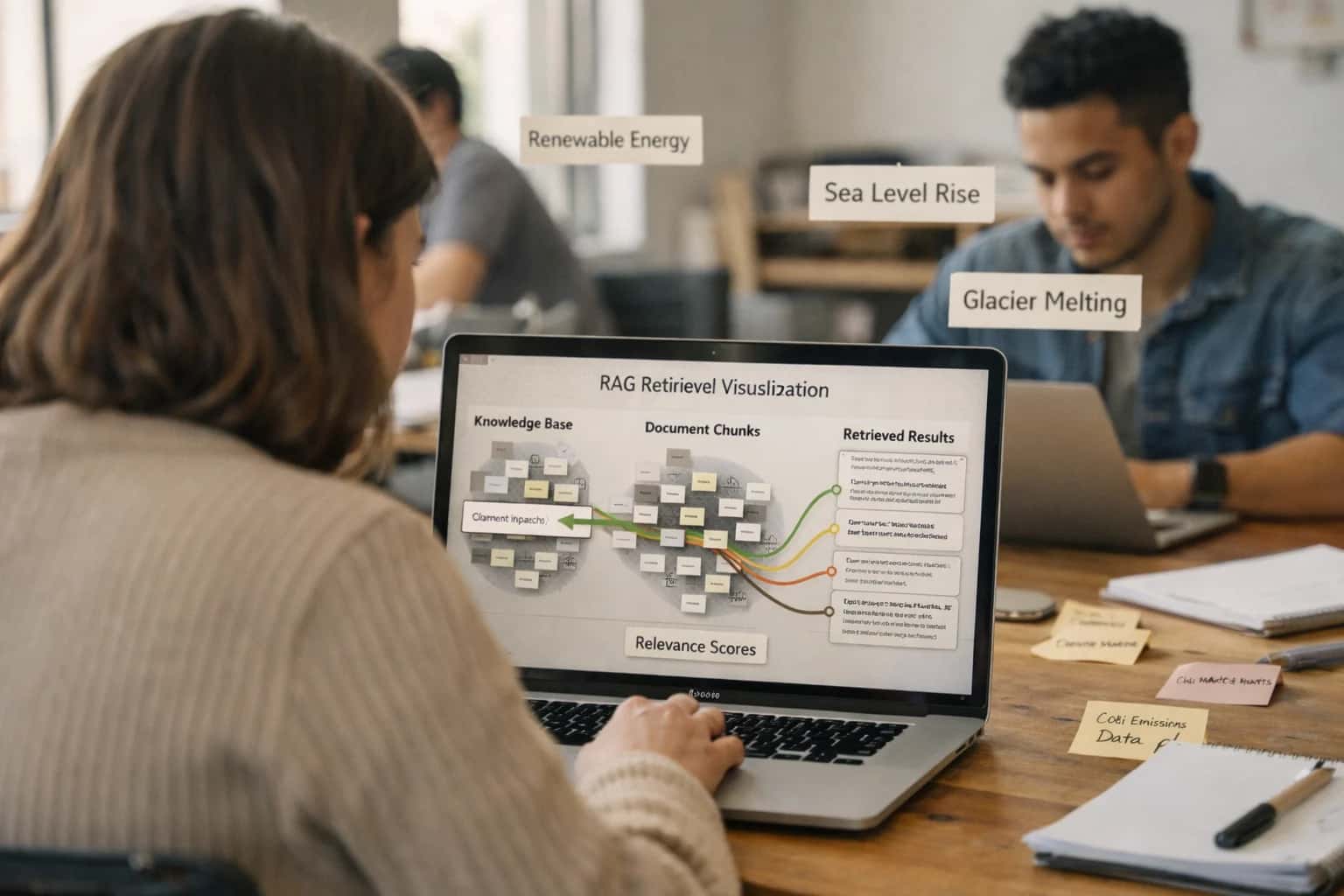 Developer working on RAG retrieval system, document chunks visible on screen, technical workspace with code editor.