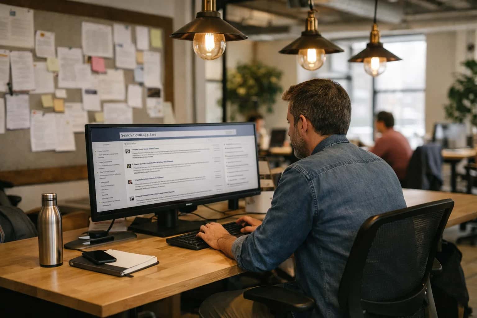 Stylish WeWork-like workspace with hot desks and document wall, professional searching through enterprise knowledge base on a mounted ultrawide display, warm industrial pendants overhead.
