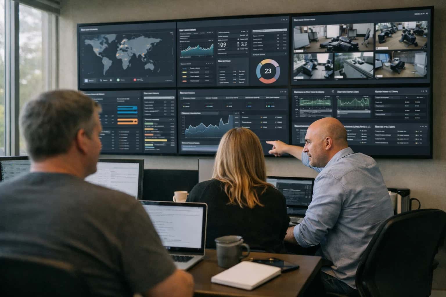 Operations room with a large monitor wall for system visibility and control.