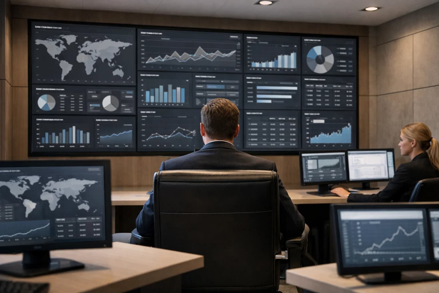 Operations room with a large monitor wall for system visibility and control.