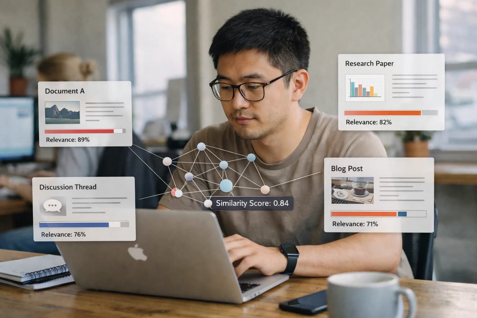 Developer reviewing semantic search engine results on laptop, relevance scores visible, technical search demo.