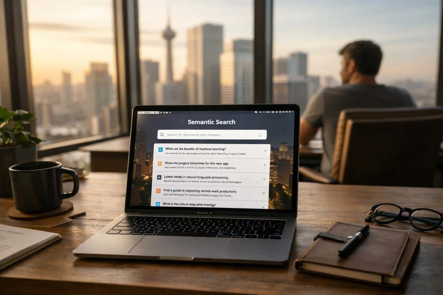 Stylish home-office setup in a modern highrise apartment, floor-to-ceiling windows showing city skyline at golden hour, a laptop displaying a beautiful semantic search interface.