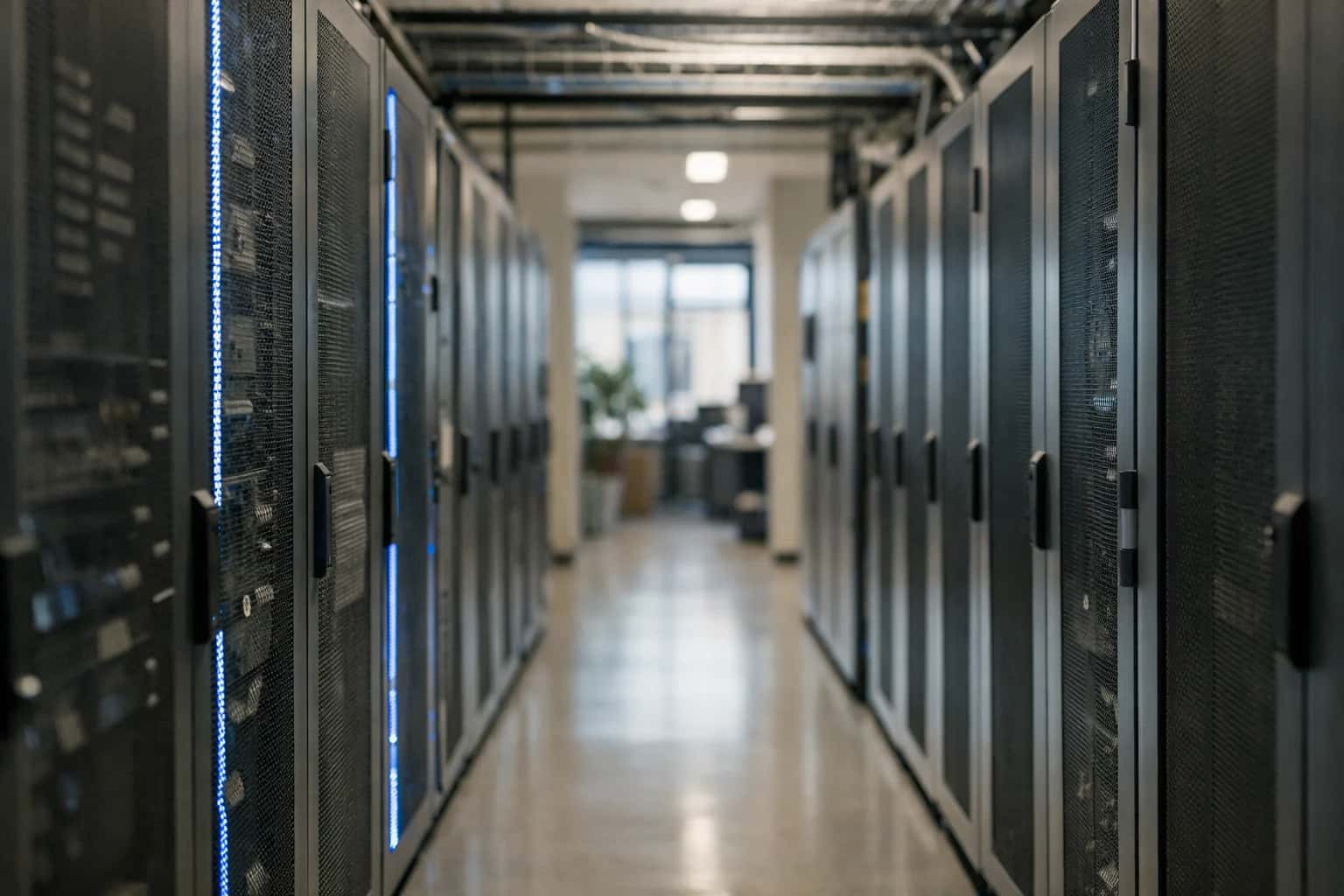 Modern secure data center corridor with blue accent lighting, no people, architectural tech aesthetic, natural iPhone-style.