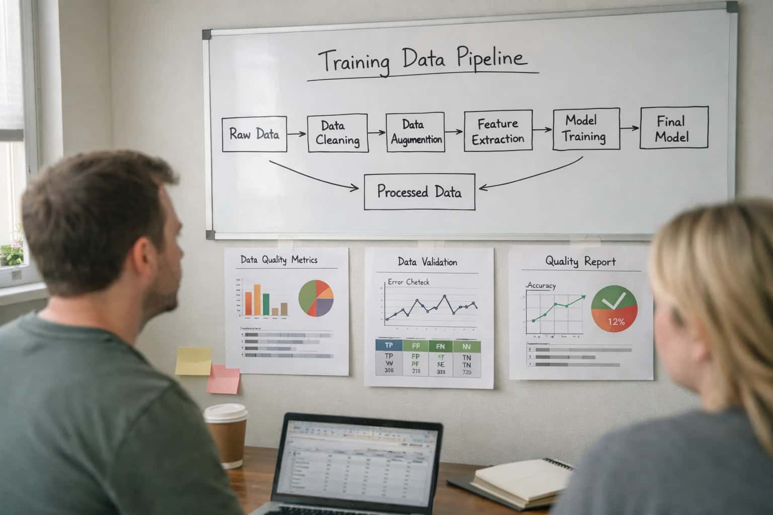 Data scientist building training data pipeline on laptop, data preprocessing visible, technical workspace.