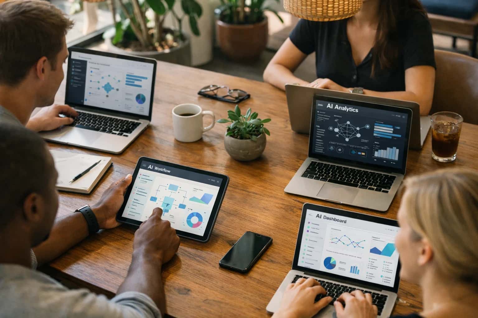 Elegant overhead shot of a polished wooden communal table in a sun-drenched WeWork lounge, laptops and tablets displaying AI workflow dashboards, plants and pendant lights in background.