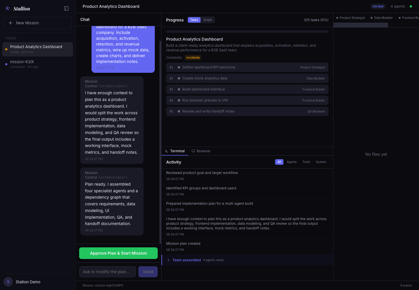 Stallion mission plan review with agents and tasks