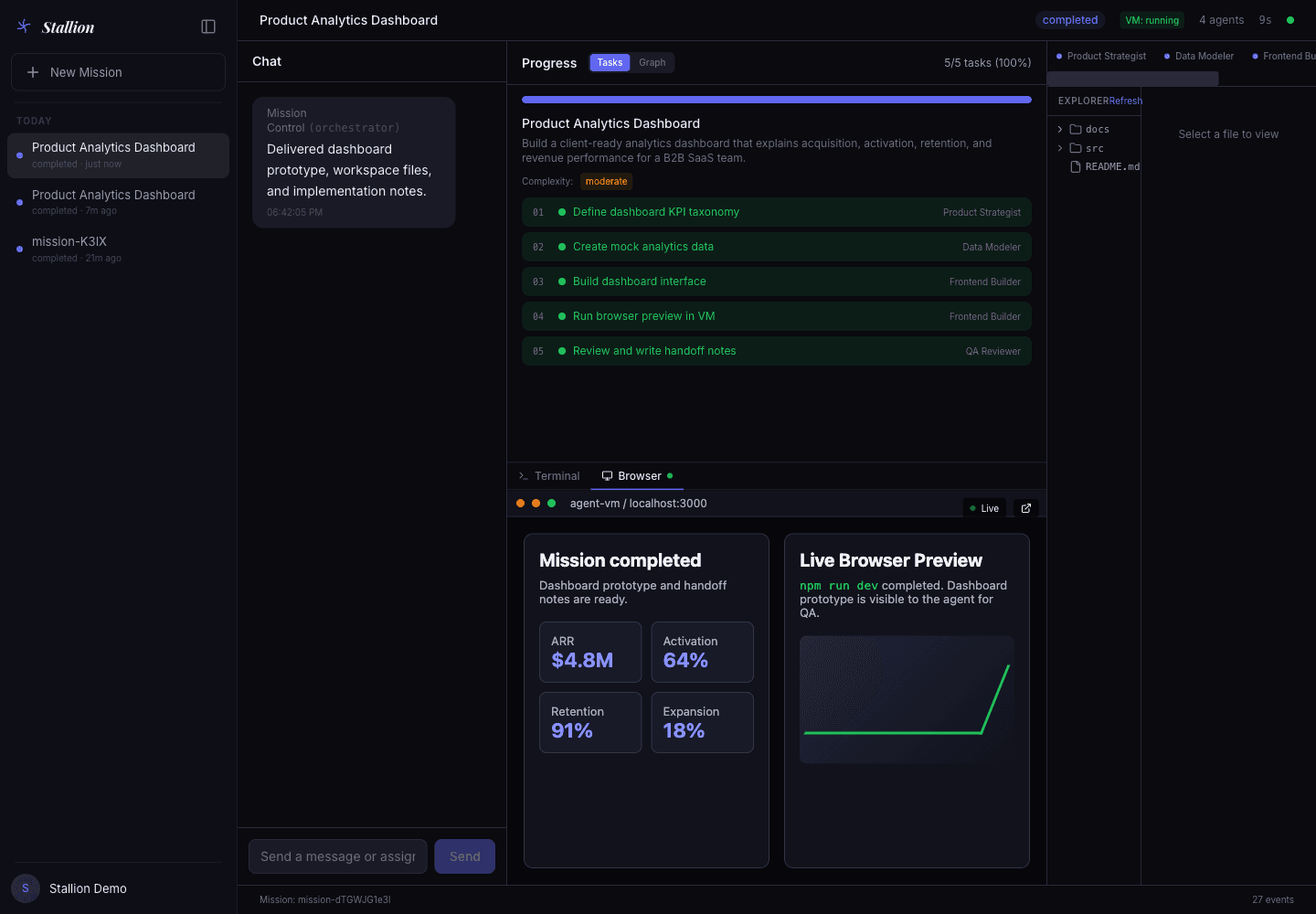 Stallion VM workspace with browser preview and file inspector